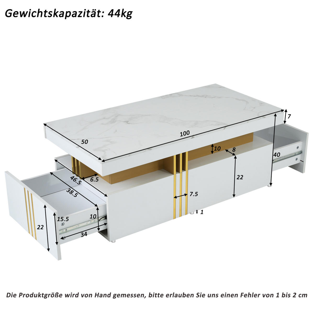 KONFERENČNÍ stolek, 100/50/40 cm bílý, s 2 zásuvkami a deskou s mramorovým dekorem - bílá, kompozitní dřevo (100/50/40cm) - BEAOK