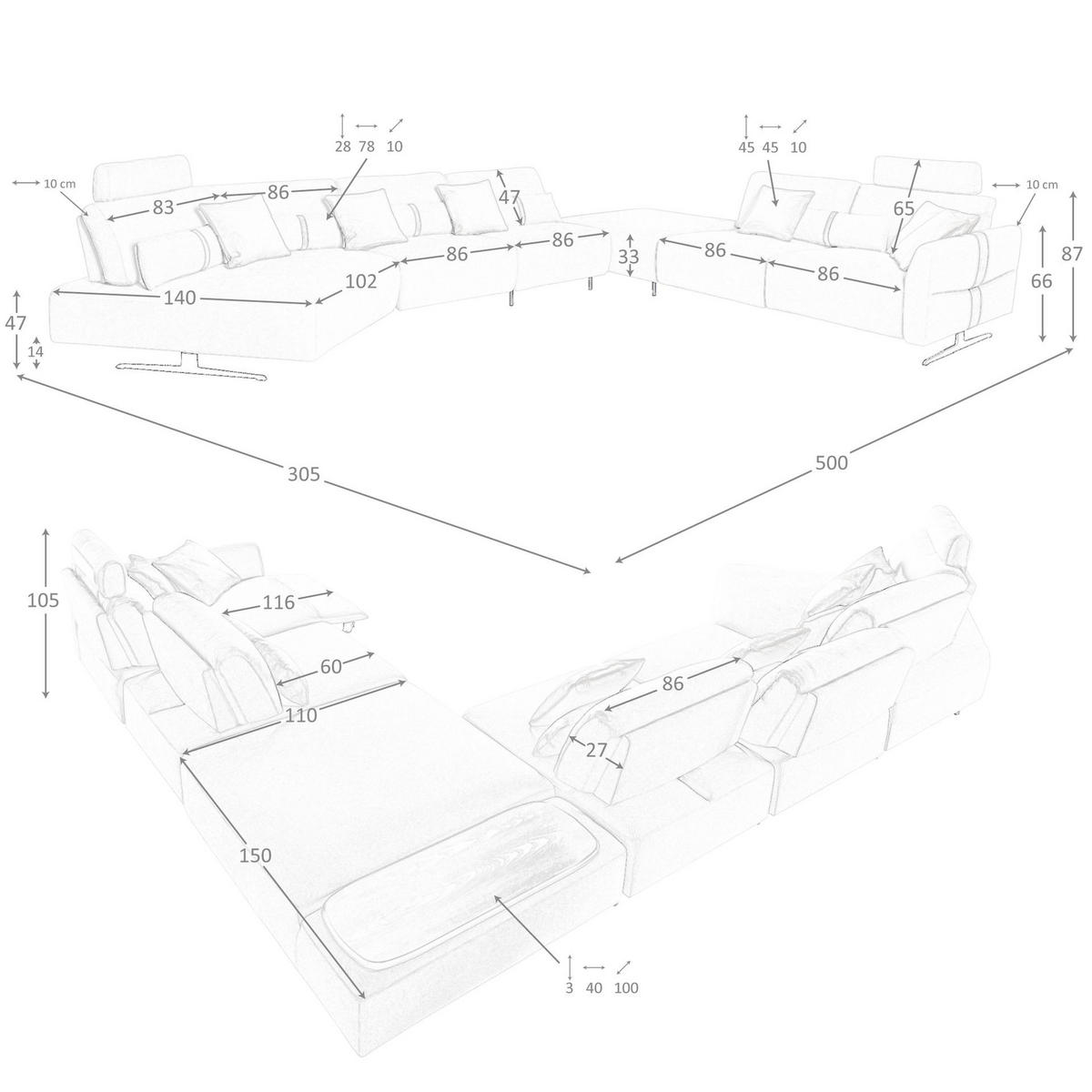 ECKSOFA Modulares Relax-Sofa mit Chaiselongue rechts, Stoff in Sandfarbe 500/305/87 cm - Sandfarben/Schwarz, Textil (500/87/305cm) - ANGEL CERDA