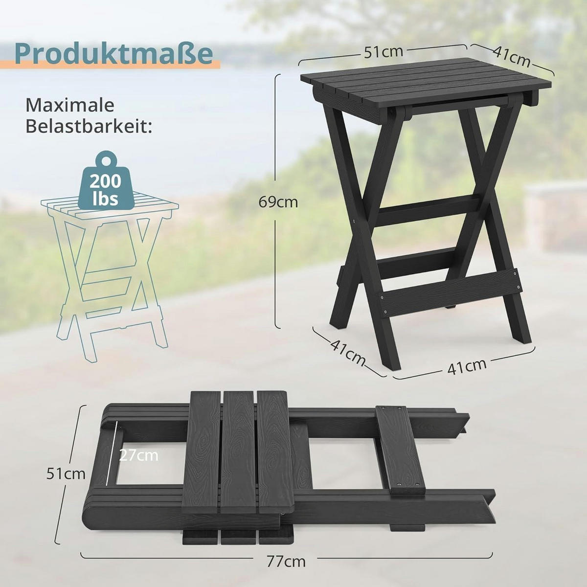 BEISTELLTISCH Outdoor Klappbar Schwarz 51 x 41 x 69 cm - Schwarz, Kunststoff (51/41/69cm)