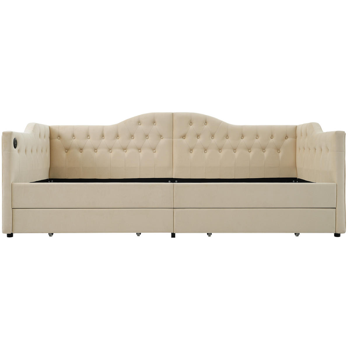 POLSTERBETT aus Samt 90x200 cm in Beige mit USB, Type-C & 2 Schubladen - Beige, Textil (90/200cm) - Modfu