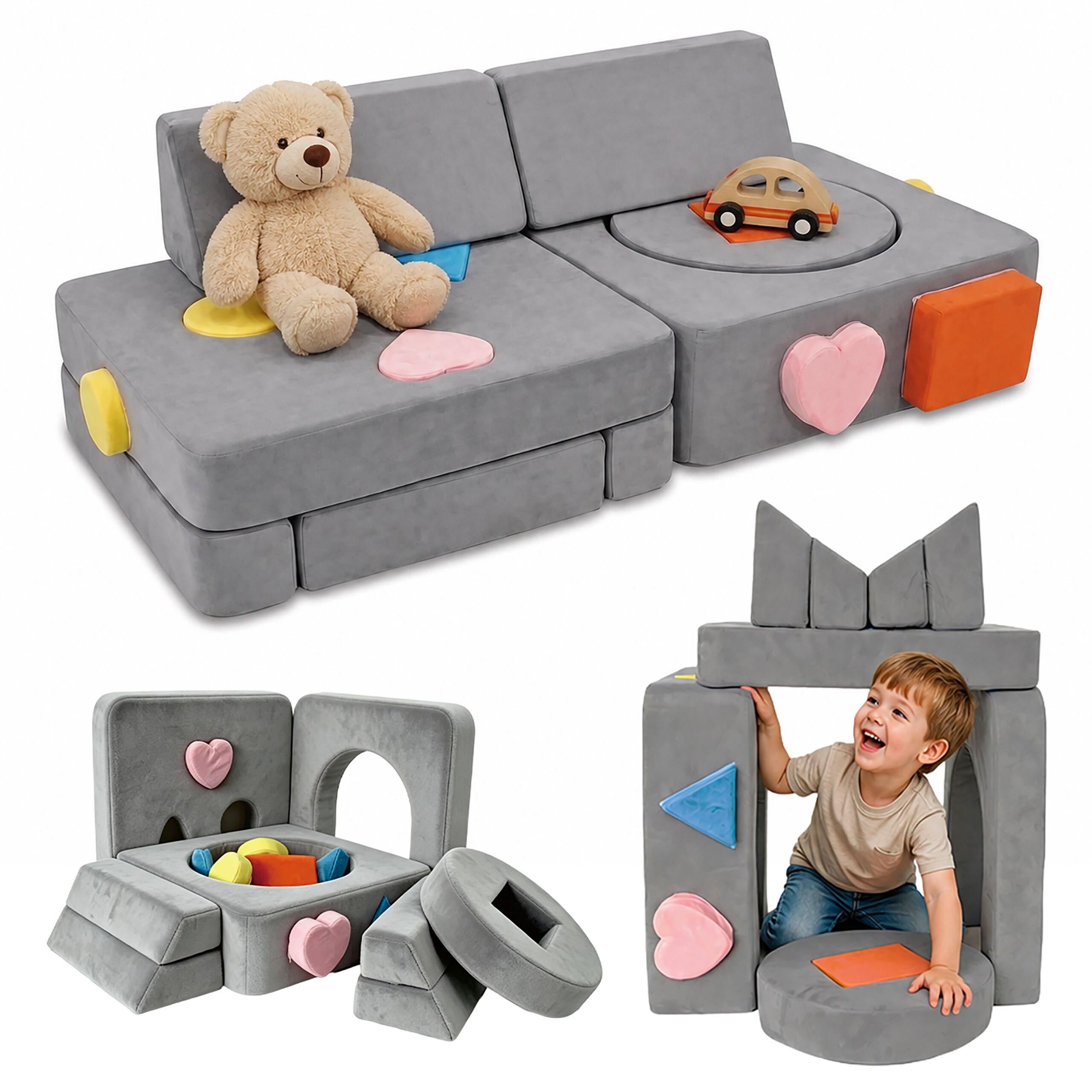 SPIELSOFA Anthrazit modular 18-tlg.-Set Schaumstoff - Grau, Kunststoff/Textil (130/40/65cm) - Relaxdays