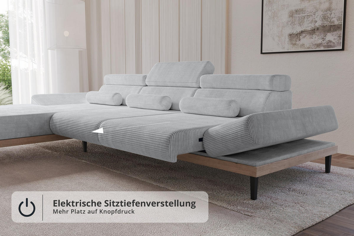 ELEKTRISCHES ECKSOFA Links MONA 316x205x85 Grau Cord - Schieferfarben/Grau, Holzwerkstoff/Textil (316/205cm) - ALTDECOR