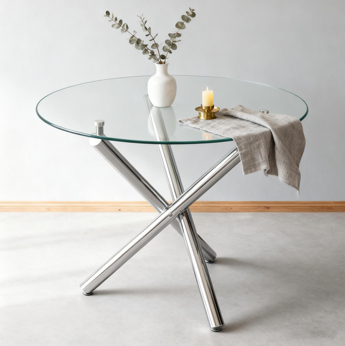 ESSTISCH 80/80/76 cm mit Tischplatte aus gehärtetem Glas und Kreuzgestell, Silber - Silberfarben, Metall (80/80/76cm) - Redom
