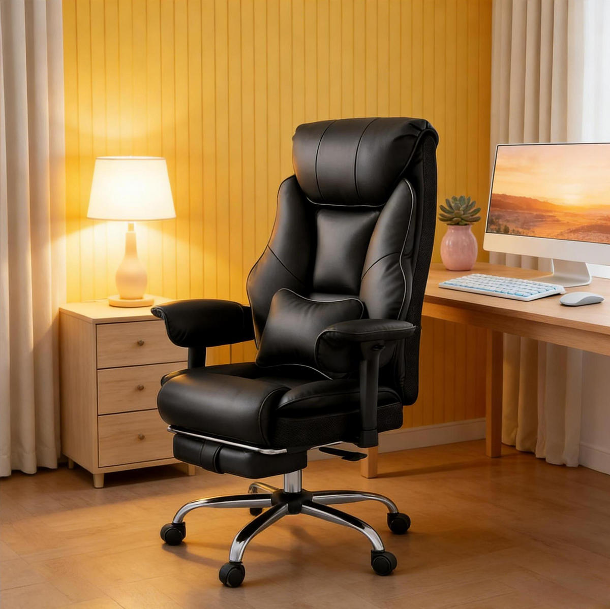 BÜROSTUHL ergonomisch höhenverstellbar Schwarz mit Fußlehne - Schwarz, Metall (77/125.5/35.5cm) - Meubliv