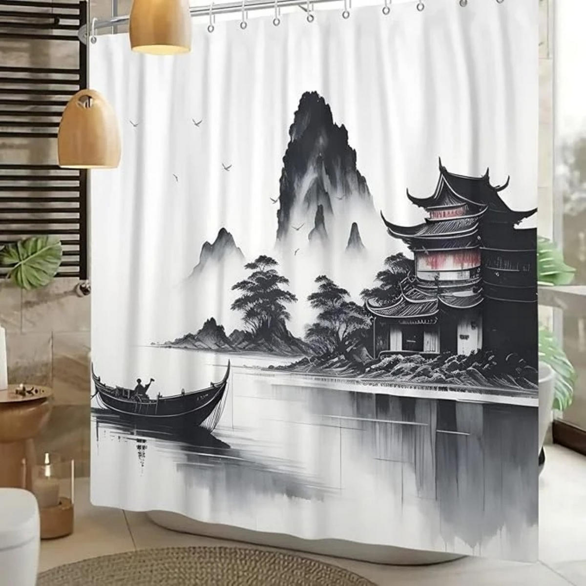 DUSCHVORHANG mit Haken Dekor Badezimmer - Grau, Textil (180/180cm) - MCBOSON