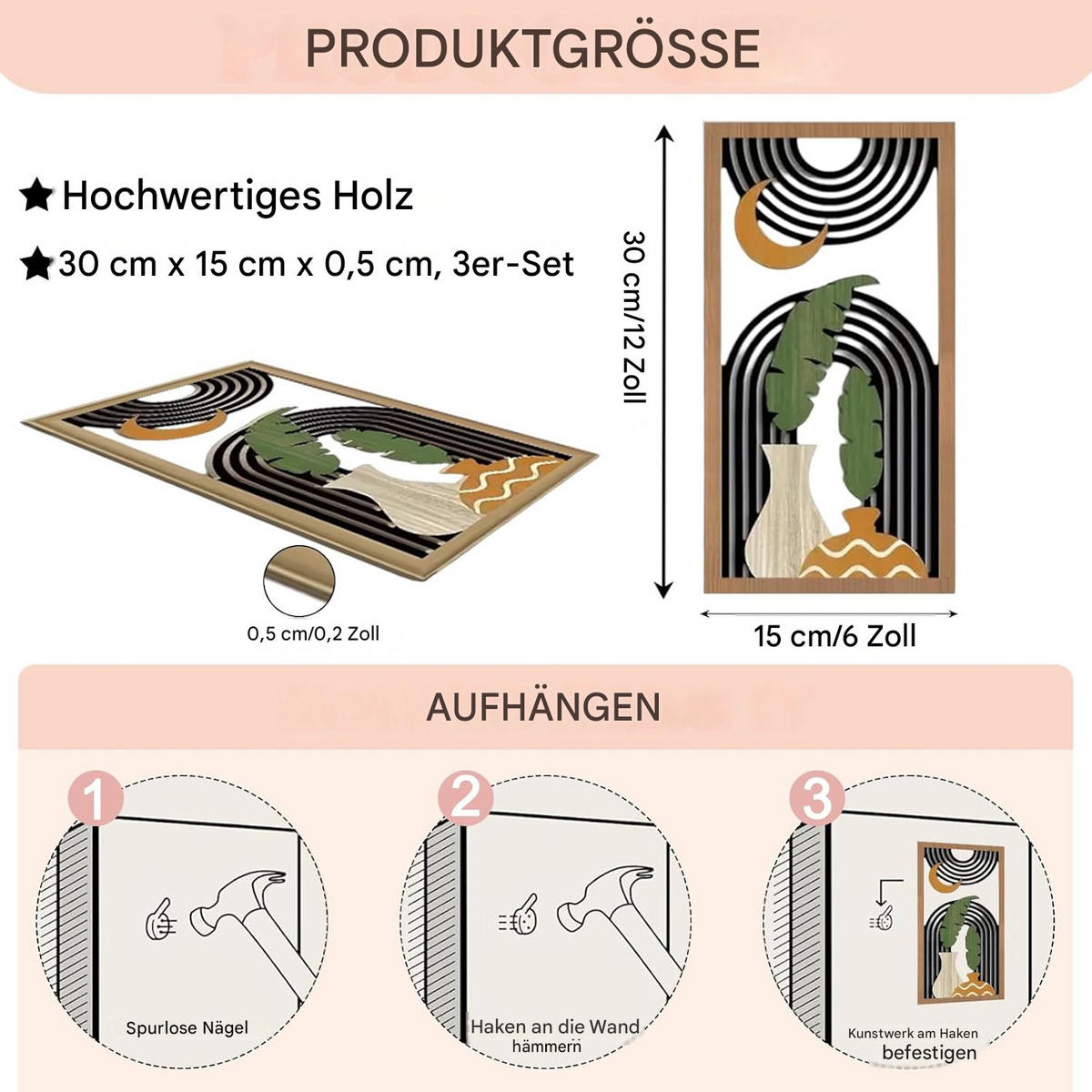 WANDDEKO Holz 30x15cm Abstrakt Boho 3er Set - Akaziefarben, Holzwerkstoff (30/1cm) - Weltevree