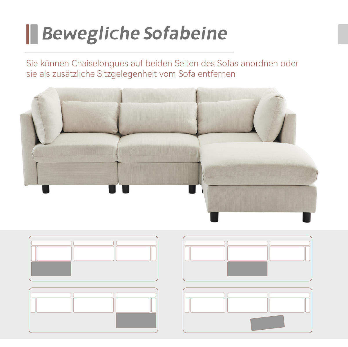 ECKSOFA Leinenstoff mit Fußhocker und Kissen 220/83/81 cm Beige - Beige, Textil (81/83cm) - Redom