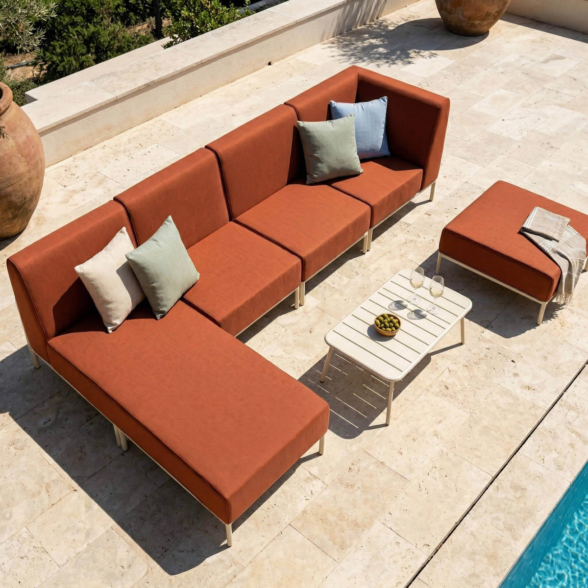 GARTENSOFA mit 5 Sitzplätzen, Terrakotta - Rot, Textil (153/78/360cm) - Oviala