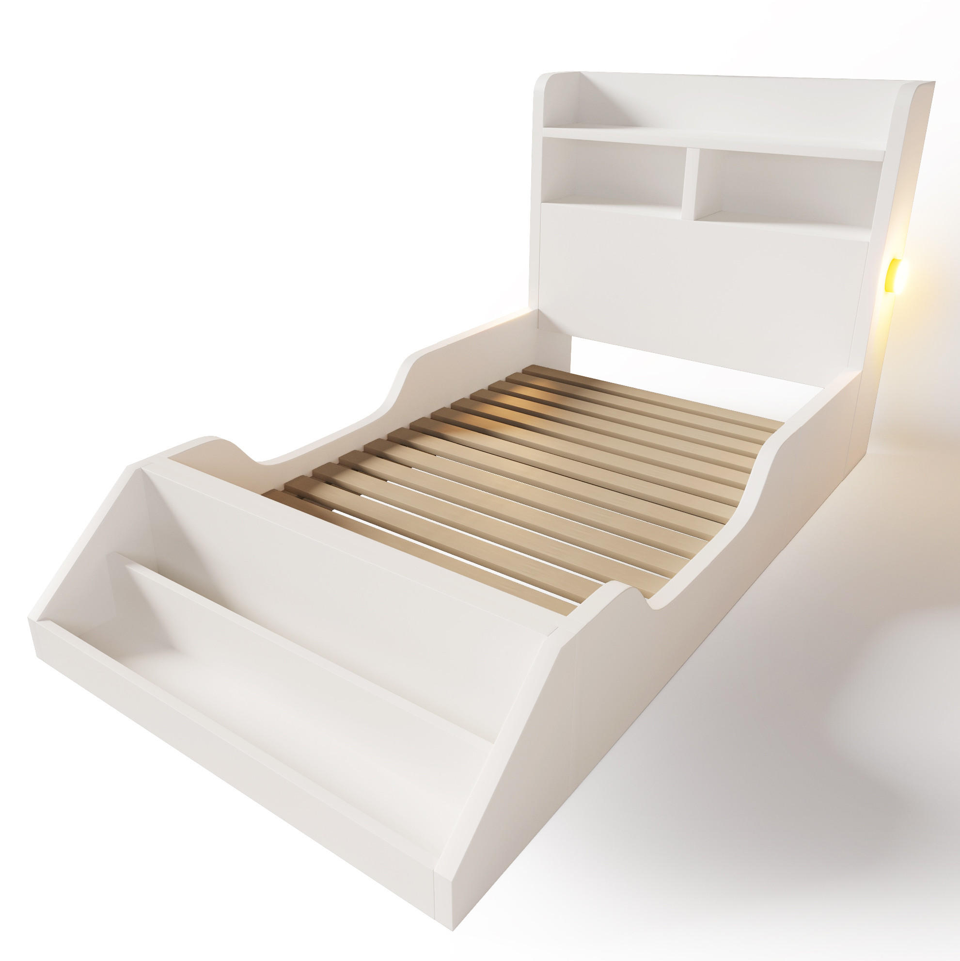 OKWISH JEDNOLŮŽKOVÁ postel 90/200 cm bílá z dřeva s nočními světly a odnímatelným regálem