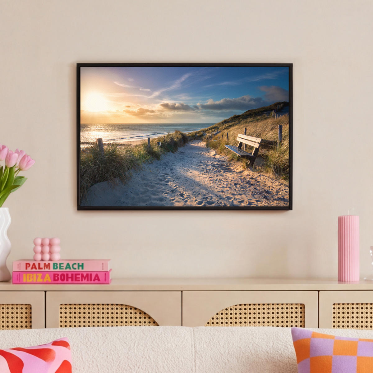 LEINWAND Bilder mit Rahmen - Sonnenuntergang - Strand - Düne - Gras - Ufer - 60x40 - Sandfarben, Textil (60/40cm) - MuchoWow