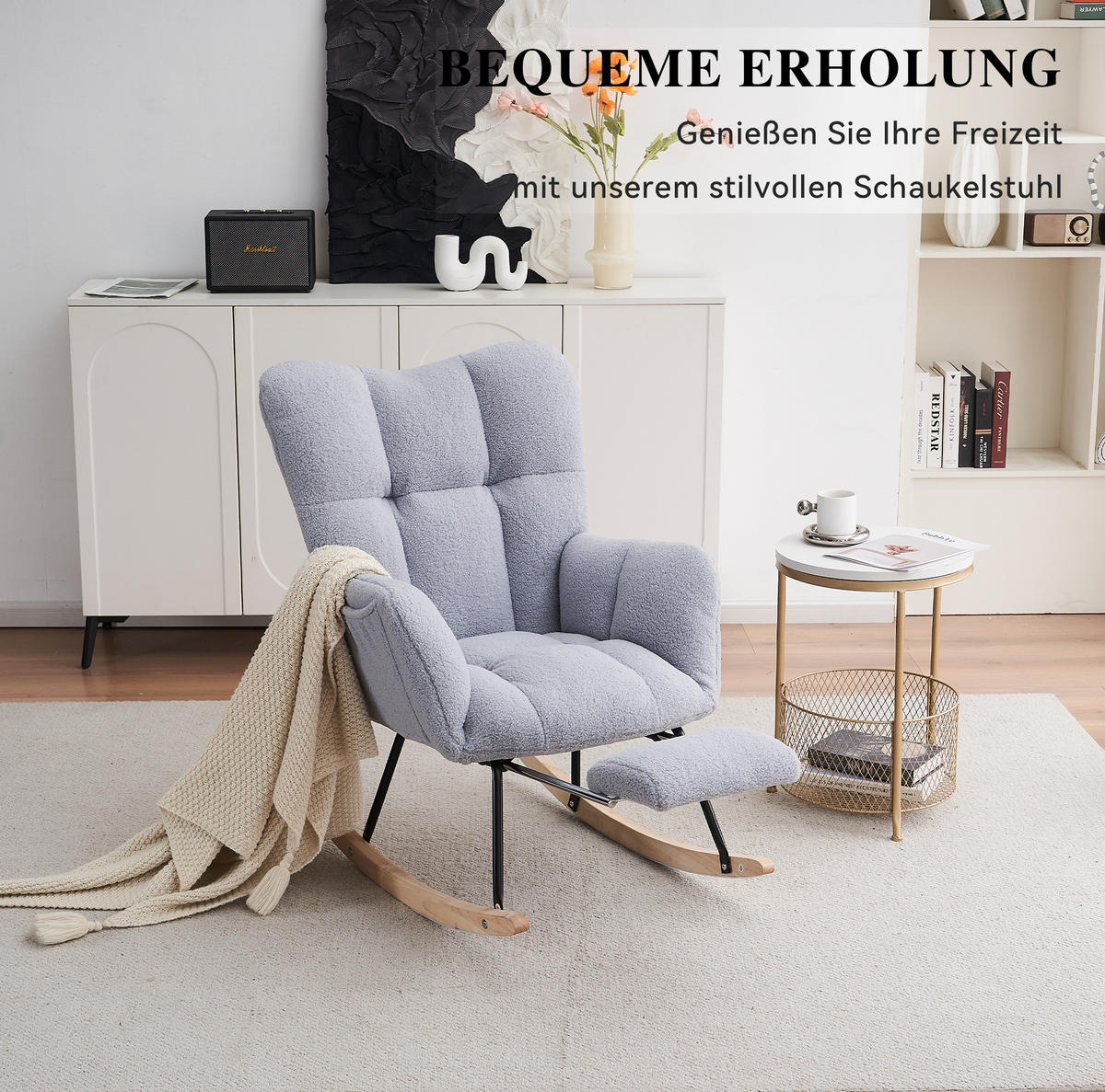 SCHAUKELSTUHL 80/98/98,5 cm mit Polsterung, Teddybezug und klappbarer Fußablage - Grau, Textil (98/98.5/80cm) - BEAOK