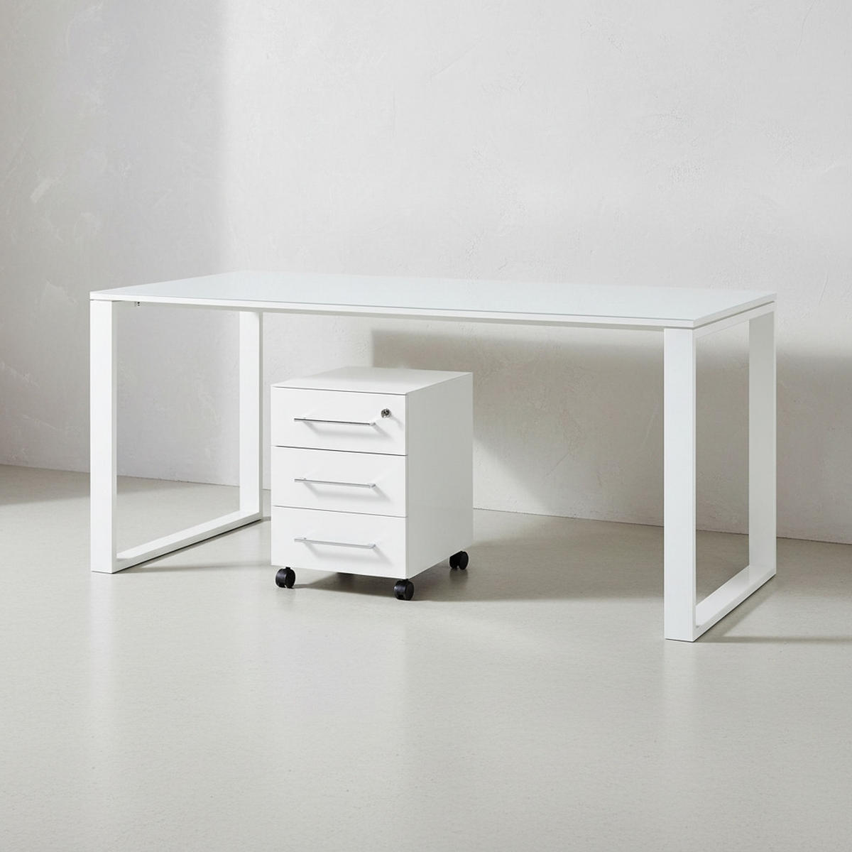 SCHREIBTISCH-SET MUENCHEN 160x80 cm Weiß | Glasplatte & Container - Weiß, Glas/Metall (80/160/75cm) - KADIMA DESIGN