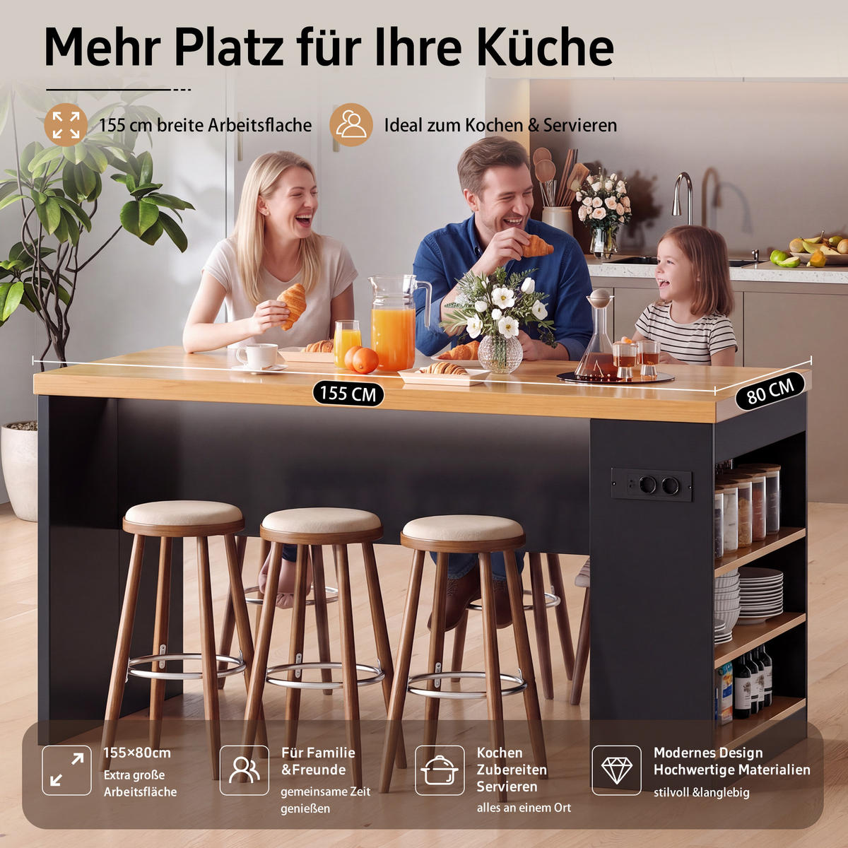 KUCHYŇSKÝ OSTRŮVEK v černé barvě s LED osvětlením a zásuvkou do kuchyně a jídelny, 155×80×90 cm - přírodní/černá, kompozitní dřevo (155/90/80cm) - STILVORA