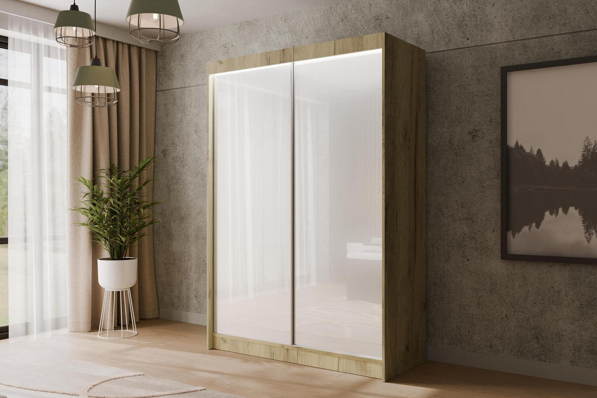 KLEIDERSCHRANK PEKA mit LED - 120 cm - Eichefarben|Weiß - Eichefarben/Weiß, Holzwerkstoff (120/215/61cm) - ALTDECOR