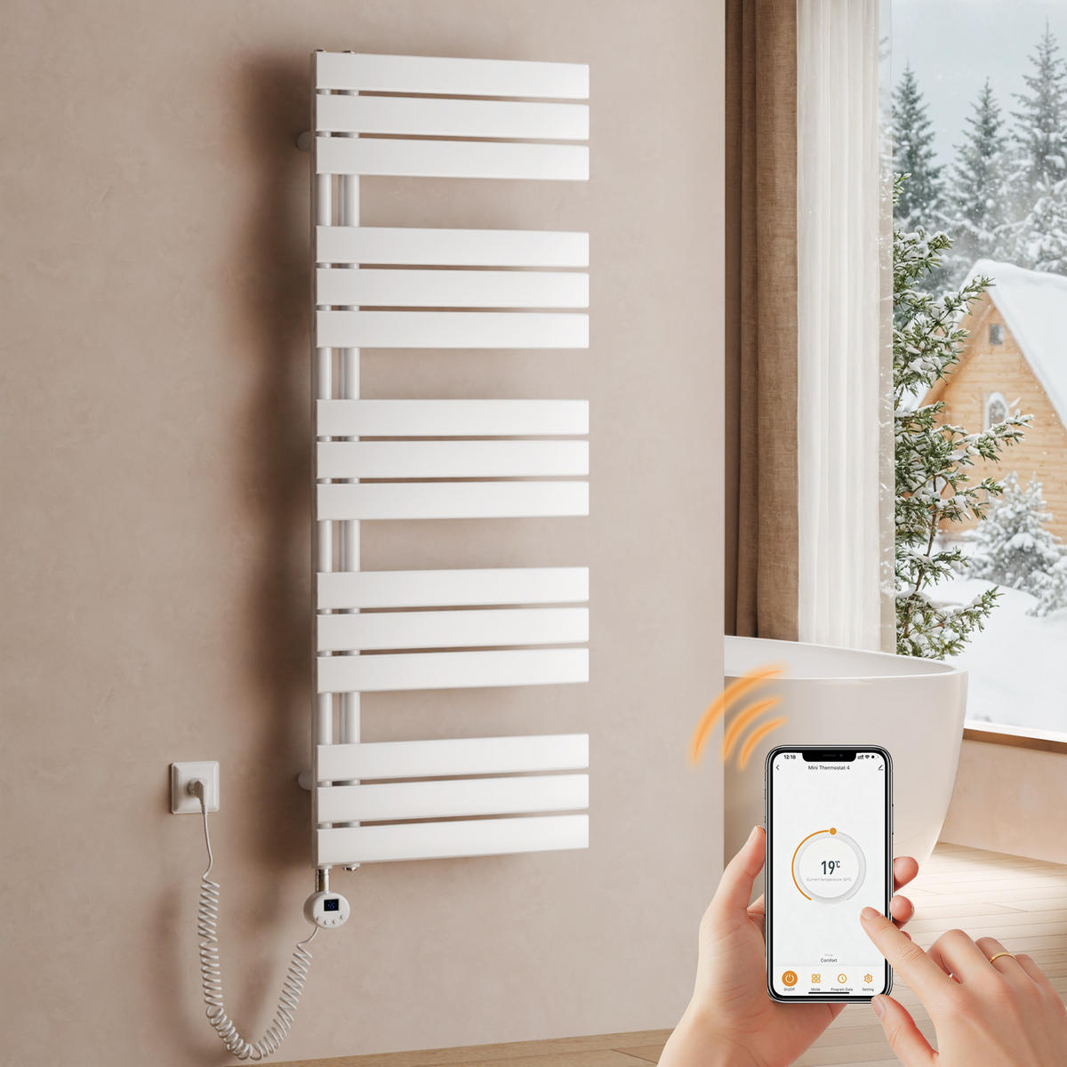 HANDTUCHHEIZKÖRPER 132/50 cm weiß elektrisch 800 W mit WLAN-Thermostat - Weiß, Metall (50/132/5.9cm) - S'AFIELINA