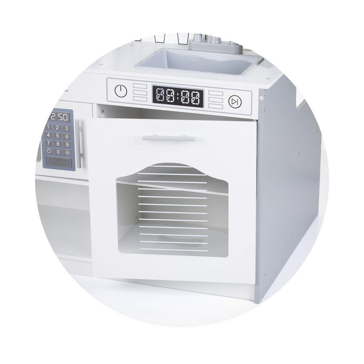 SPIELKÜCHE 2 in 1 98 cm weiß Holz, Tisch und Hocker, Metalltöpfe, Mikrowelle, Backofen, Spüle - Weiß, Holz (80/60/98cm) - Chipolino