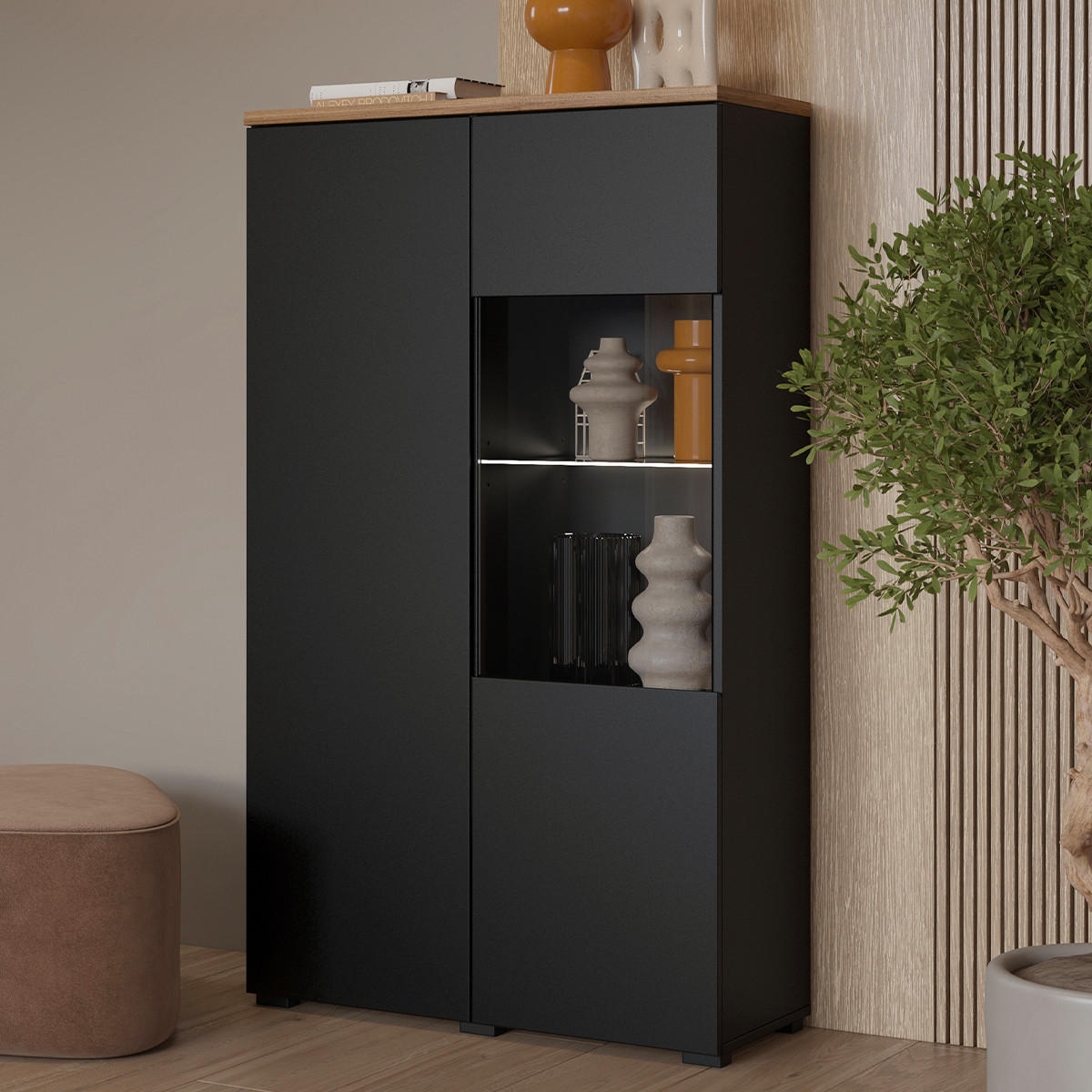VITRÍNA Liko Černá a dřevěná - černá, kompozitní dřevo (80/140/34.5cm) - Petits-meubles
