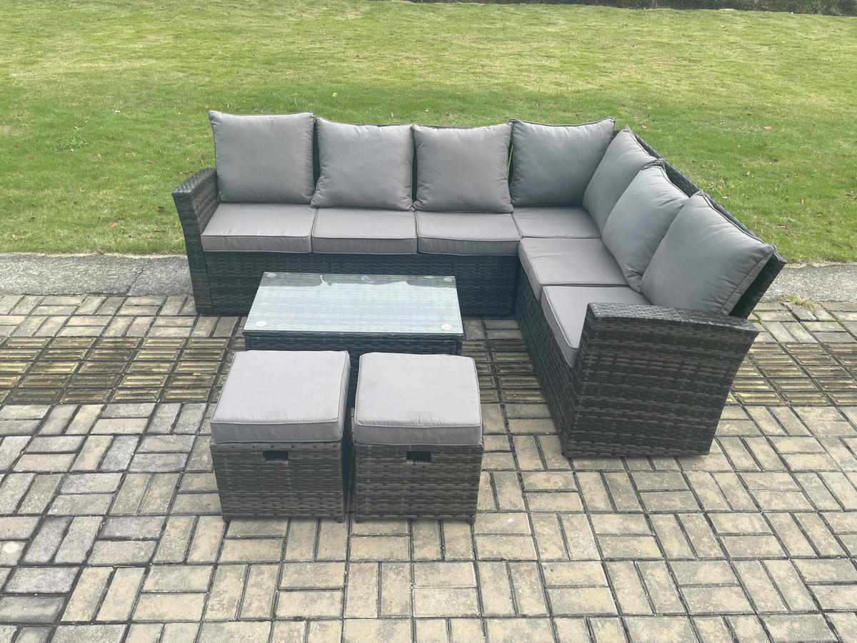 GARTENSOFA SET Hohe Rückenlehne Polyrattan Dunkelgrauer Mix 8-Sitzer - Dunkelgrau/Grau, Glas/Kunststoff - Fimous