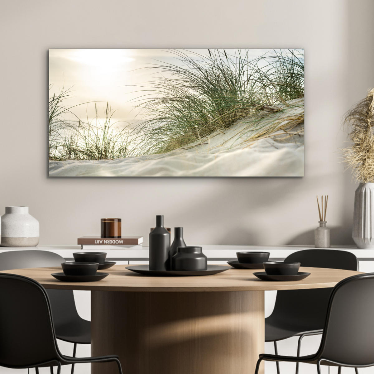 KOVOVÝ OBRAZ Duny s marramovou trávou pod slnkom nemeckého národného parku Schleswig-Holsteinisches Wattenmeer 80x40 cm - krémová, kov (80/40cm) - MuchoWow