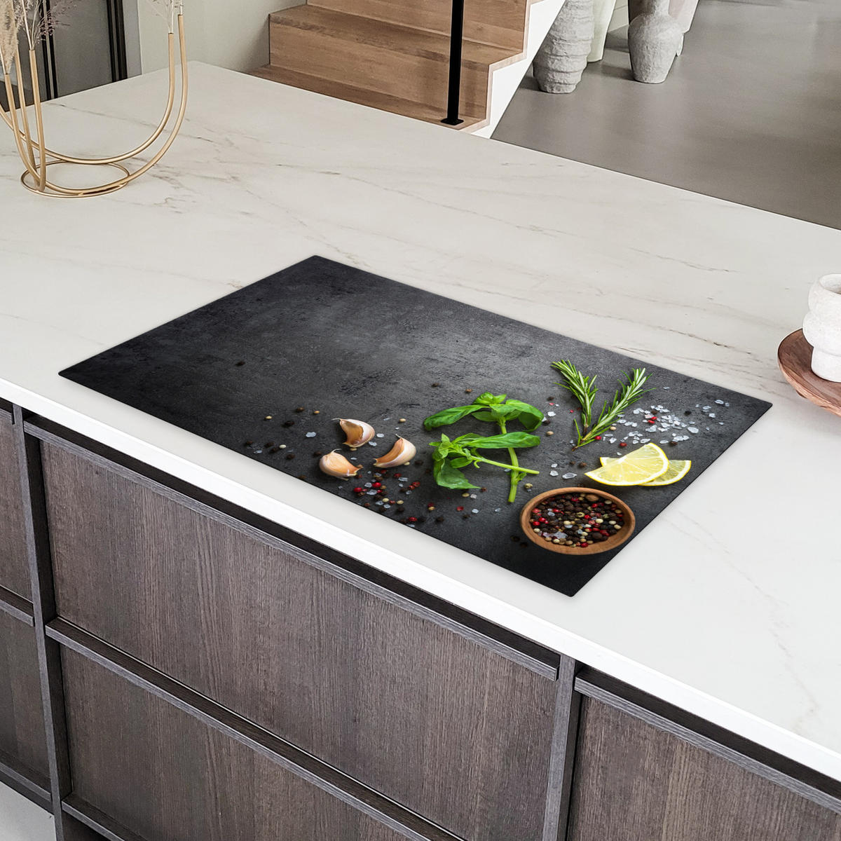 HERDABDECKPLATTE Limette - Kräuter - Gewürze - Grün - Grau - Beton 91x52 cm - Grün, Kunststoff (91.2/0.2/52cm) - MuchoWow
