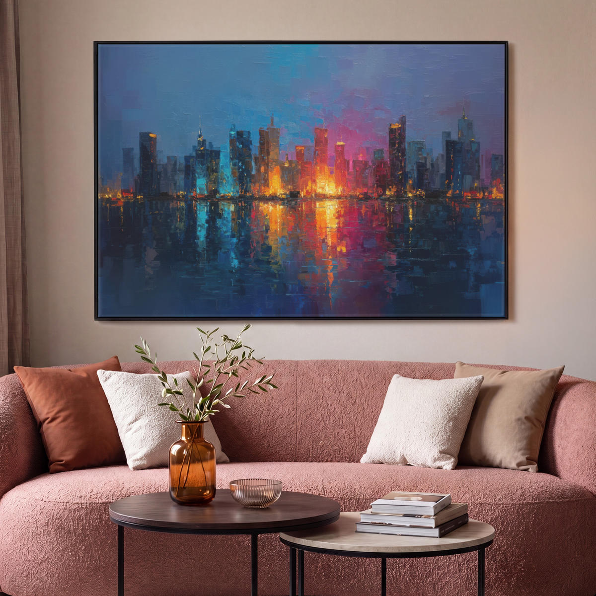 LEINWAND Bilder mit Rahmen - Skyline - Pinselstriche - Dunkelblau - Leuchtend - 120x80 - Blau, Textil (120/80cm) - MuchoWow