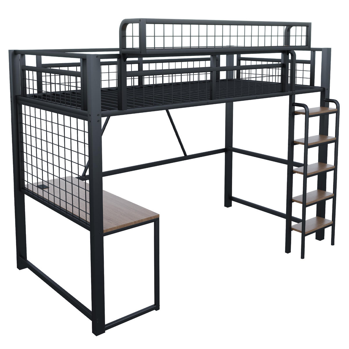 HOCHBETT 90/200 cm in Schwarz mit Schreibtisch, Ablagekorb, LED und Steckdose Metall-Design - Schwarz, Holzwerkstoff/Metall (90/200cm) - STILVORA