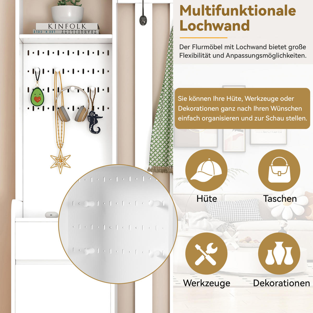 DIELENGARDEROBE mit Sitzbank und 4 Haken, 100/35/180 cm, in Weiß - Weiß, Holzwerkstoff (100/180/35cm) - BEAOK