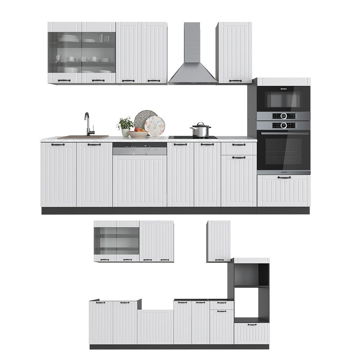 KÜCHENZEILE Fame-Line Weiß Landhaus/Anthrazit 300 cm mit Hochschrank ohne AP - Anthrazit/Weiß, Holzwerkstoff (300/81.6/46cm) - Vicco