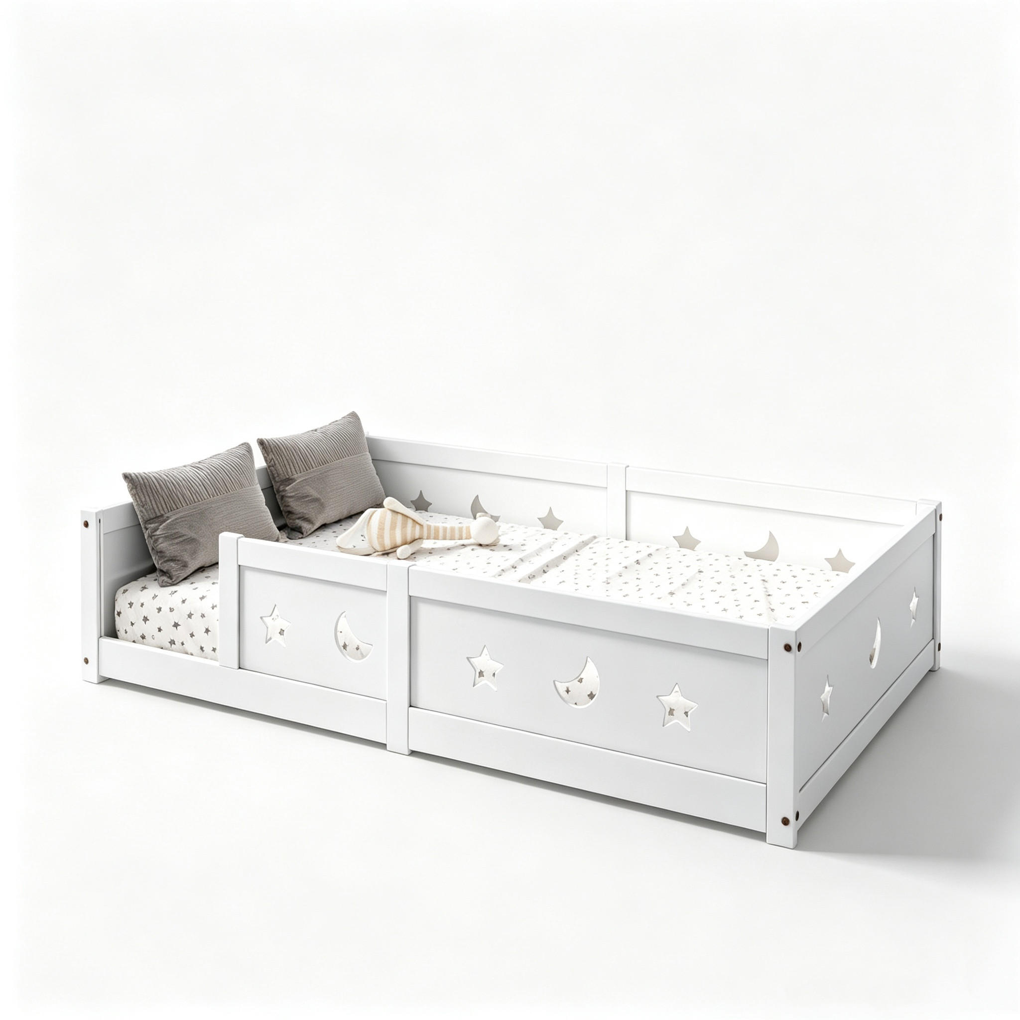 BODENBETT 120x200 cm, Weiß, Montessori Bett aus Holz mit Sternen- & Monddesign,FüR Jungen und MäDchen Geeignet - Weiß, Holz/Holzwerkstoff (120/200cm) - BursDany