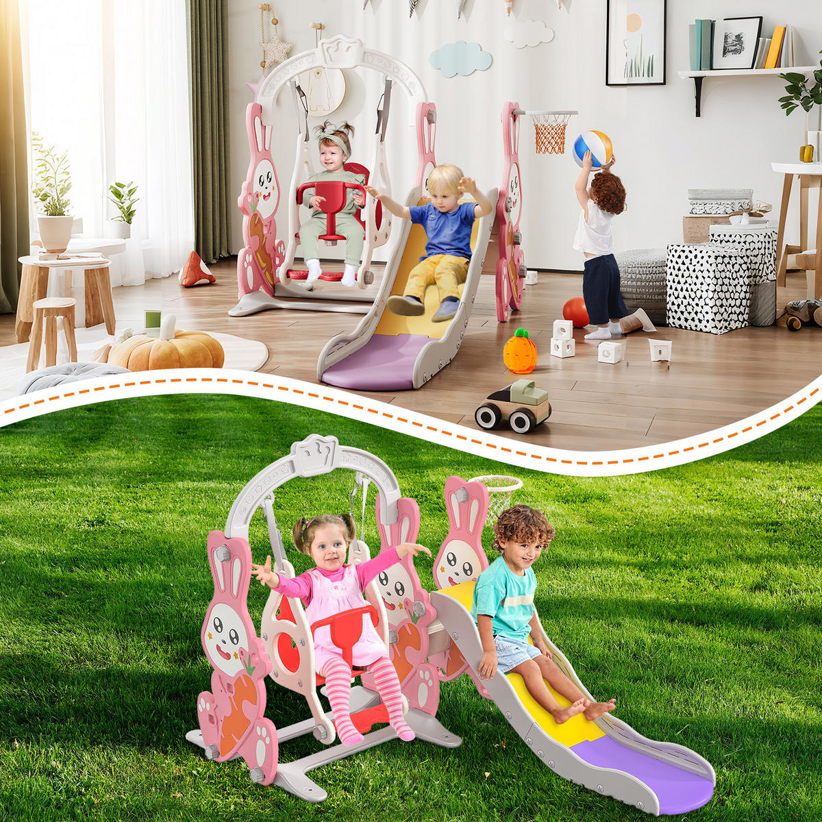 4-IN-1 RUTSCHBAHN Kinder Kaninchen Rosa Mit Schaukel & Basketball - Rosa, Holz (153/118/170cm)