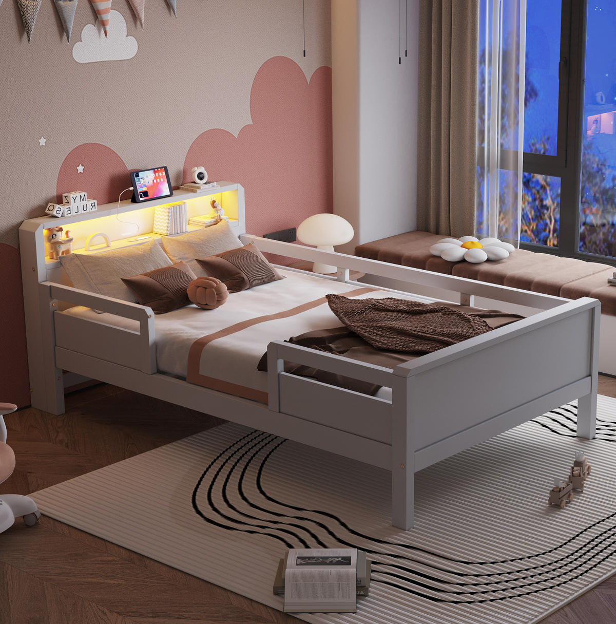 KINDEREINZELBETTEN aus Kiefernholz 90x200 cm in Weiß mit LED-Leuchte & USB-Type-C - Weiß, Holz (90/200cm) - Modfu