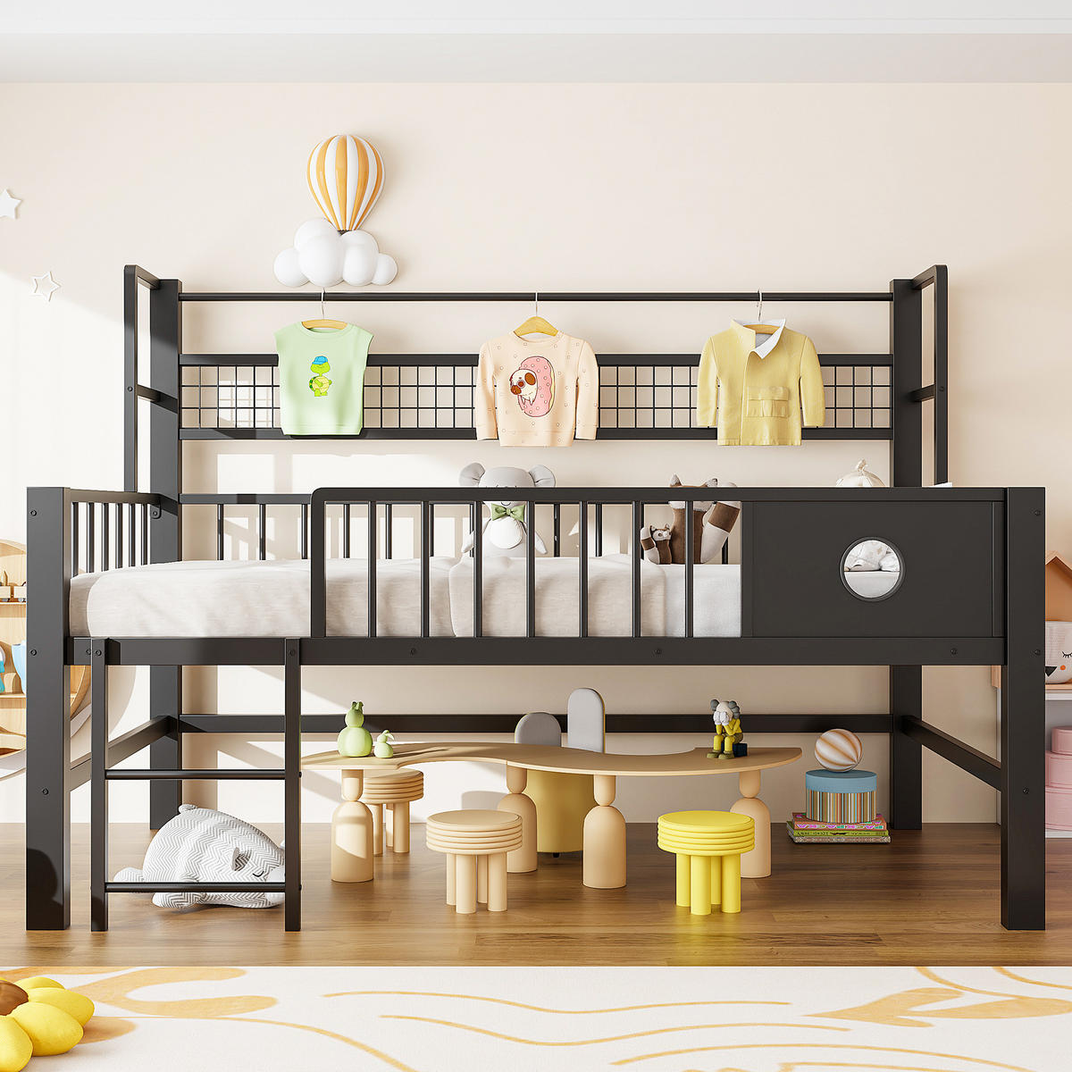 KINDEREINZELBETTEN aus Metall 90x200 cm in Schwarz mit Sicherheitsgitter & Stauraum - Schwarz, Metall (90/200cm) - Modfu