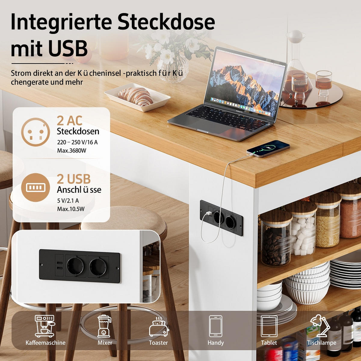 KÜCHENINSEL mit LED, 40mm Arbeitsplatte, Steckdose & USB, 3 Ablagen, 155/80/90 cm - Weiß, Kunststoff (80/90/155cm) - Rolipo