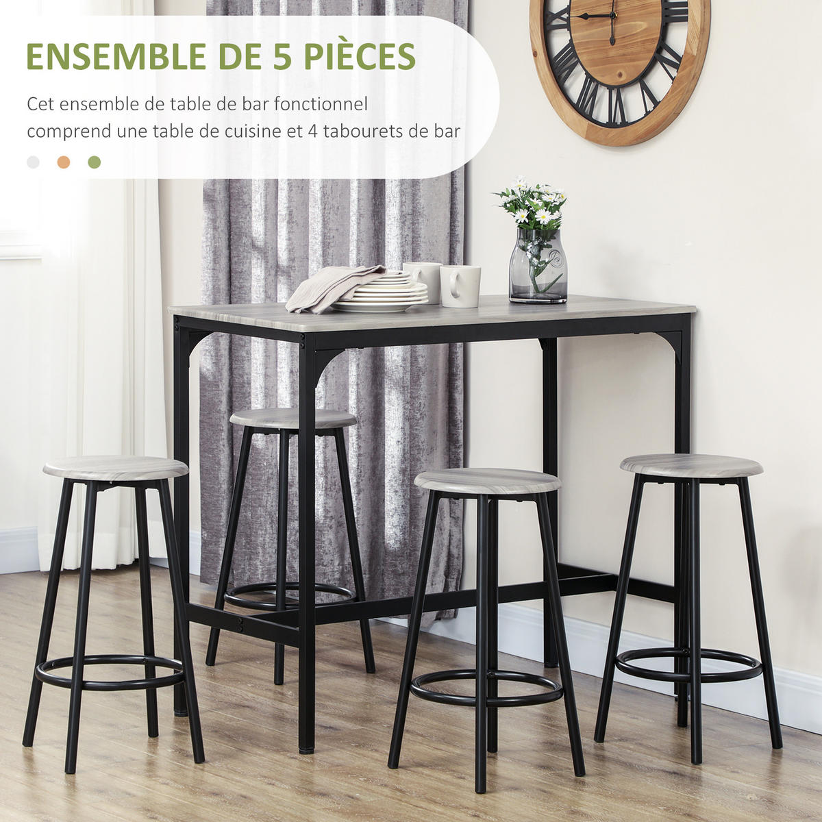 BARTISCH-SET DE-14757 mit 4 Hockern & Fußstützen Schwarz/Holzoptik - Grau, Holzwerkstoff (110/50/89.5cm) - ComfortXL