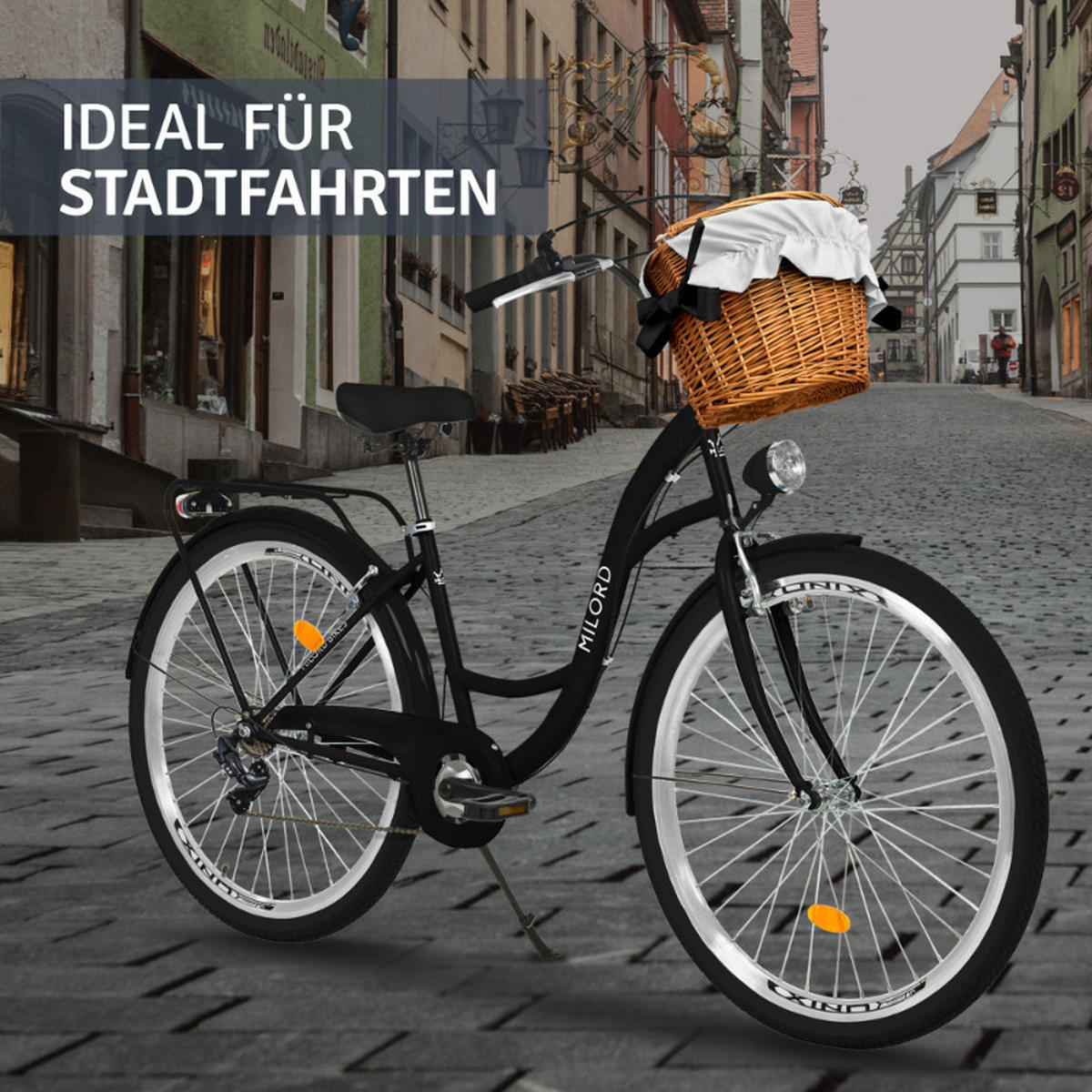 CITY-FAHRRAD Milord mit Weidenkorb, 28 Zoll, Schwarz, 7-Gang - Schwarz, Metall (46cm) - Milordbikes