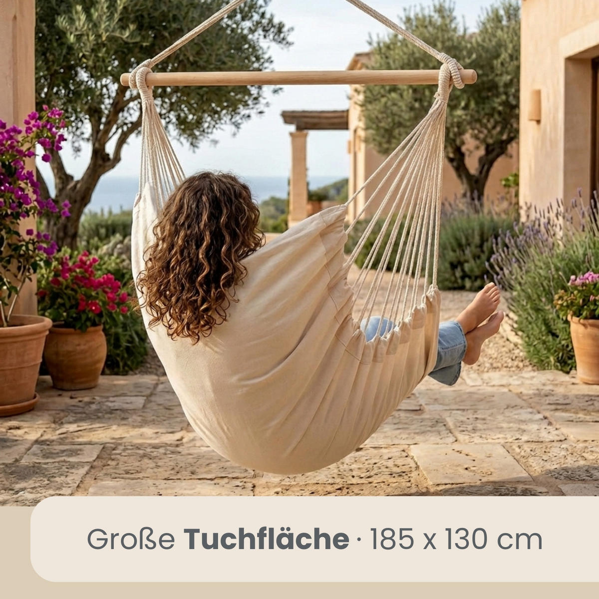 XXL HÄNGESESSEL 185/130 cm Belastbar bis 150 kg Beige - Beige, Textil (130/155/185cm) - Amanka