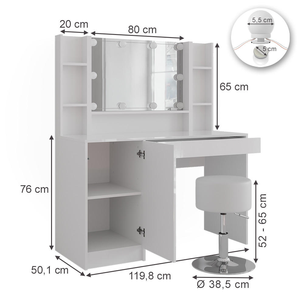 SCHMINKTISCH Sherry Weiß/Weiß Hochglanz 119.8 cm 5 Teile - Weiß Hochglanz, Holzwerkstoff (119.8/76/50.1cm) - Vicco