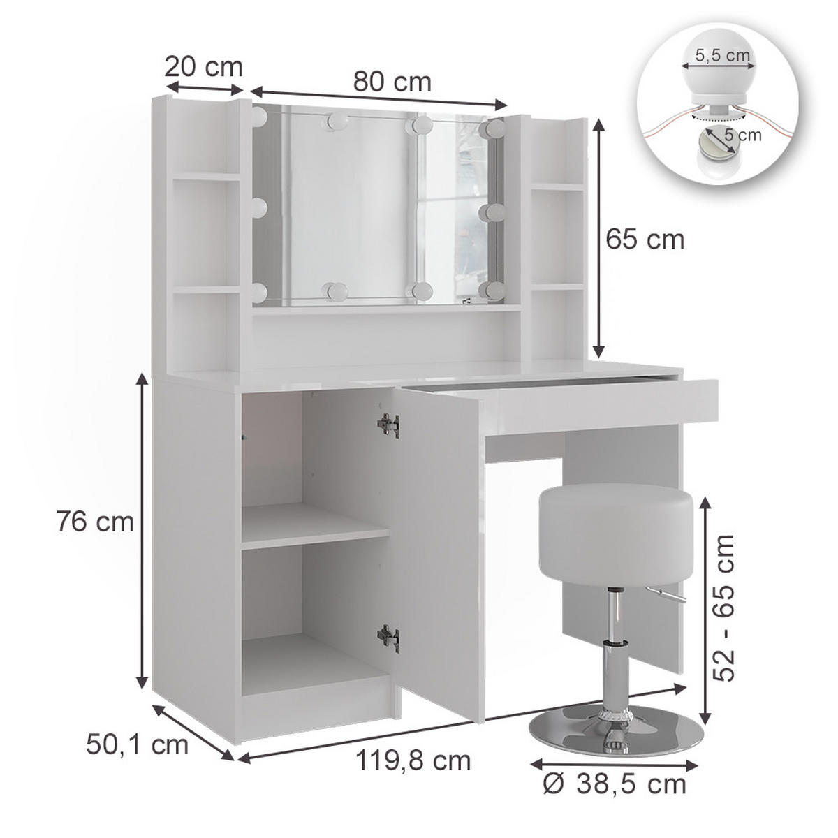 SCHMINKTISCH Sherry Weiß/Weiß Hochglanz 119.8 cm 5 Teile - Weiß Hochglanz, Holzwerkstoff (119.8/76/50.1cm) - Vicco