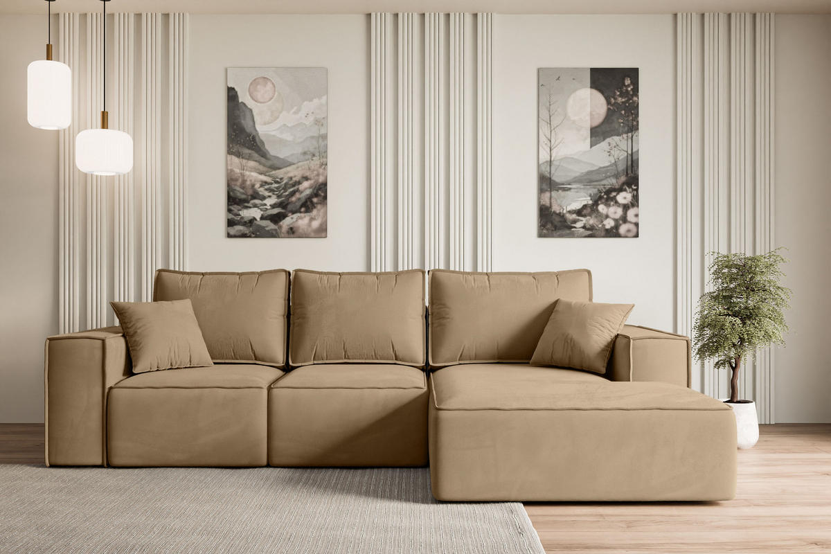 ECKSOFA mit Schlaffunktion und Bettkasten SERRA-L-S - 266x161x87 cm Beige Velours - Beige/Schwarz, Holzwerkstoff/Kunststoff (266/161cm) - ALTDECOR