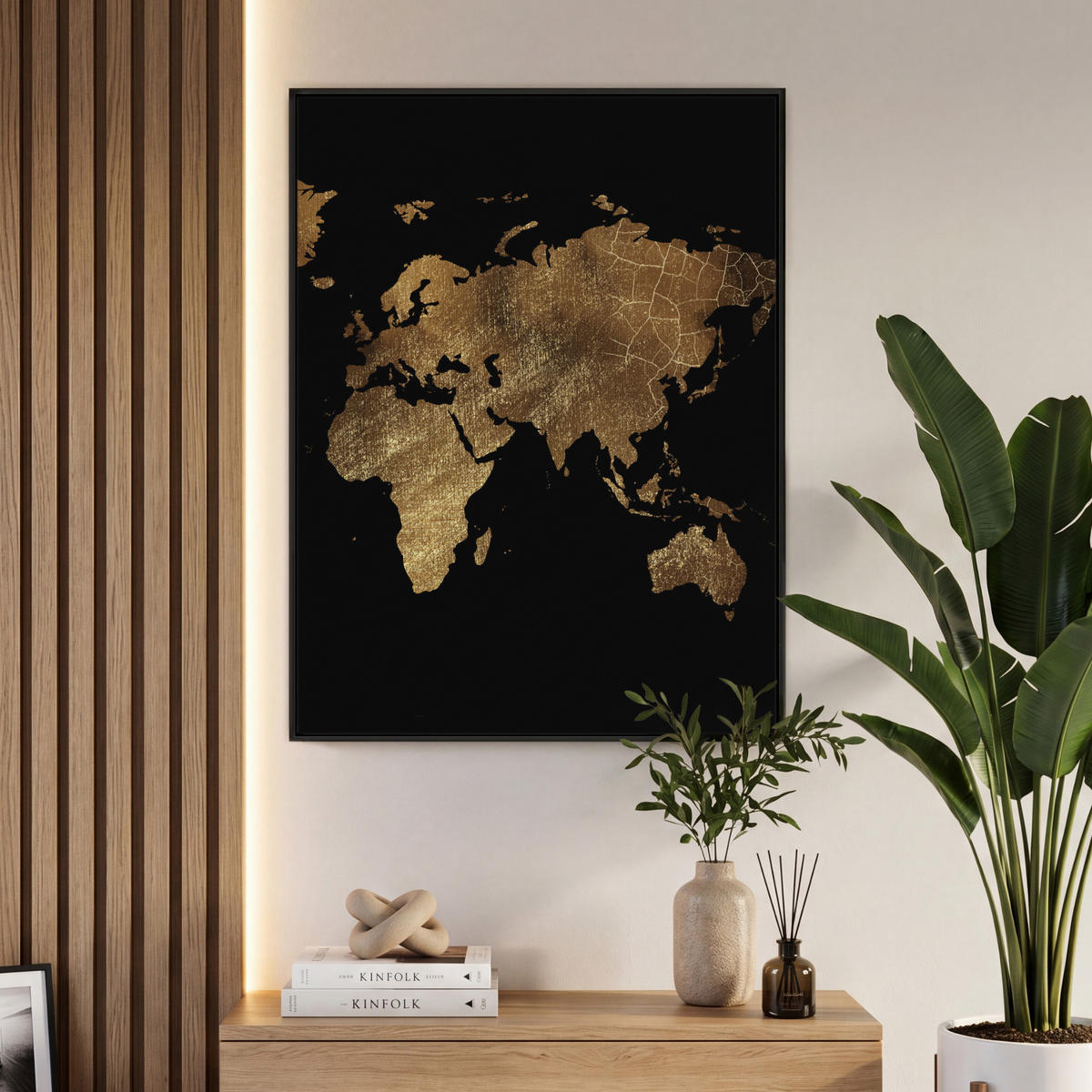 LEINWAND Bilder mit Rahmen - Weltkarte - Gold - Luxus - Erde - Schwarz - 70x100 - Goldfarben, Textil (70/100cm) - MuchoWow