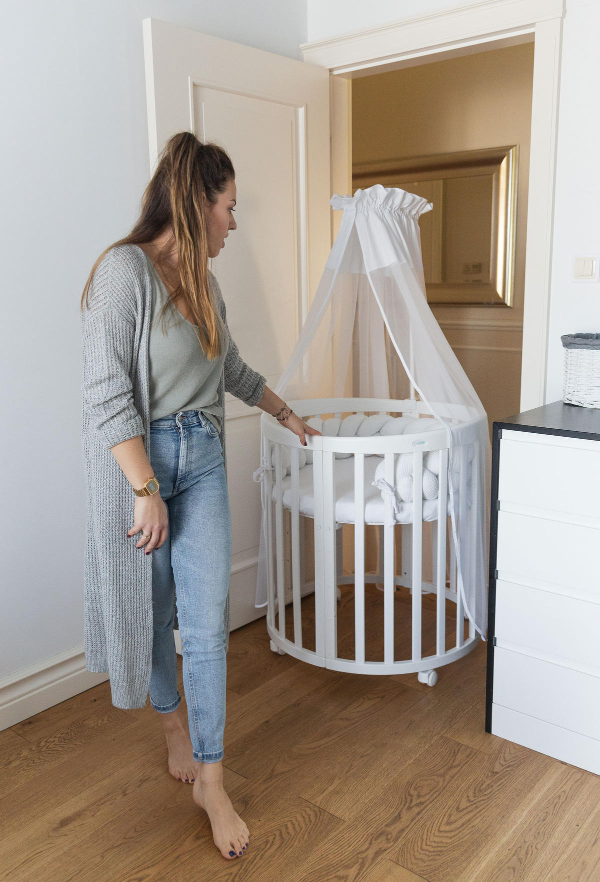 BABYBETT WHITE OVAL 7in1 mit Matratze - Weiß, Holz/Textil