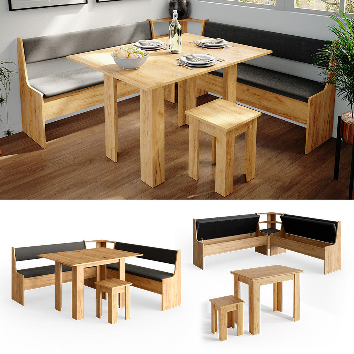 ECKBANKGRUPPE Roman Goldkraft Eiche 180 x 41.5 cm mit Tisch - Anthrazit/Eiche Wotan, Holzwerkstoff (180/80/180cm) - Vicco