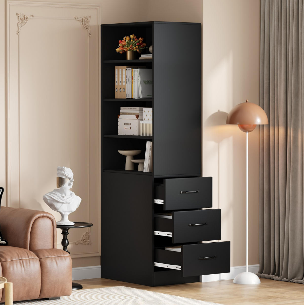 HIGHBOARD 60/38/180 cm in Schwarz mit Seitenschubladen und verstellbaren Böden - Schwarz, Holzwerkstoff (60/180/38cm) - Flora Grace