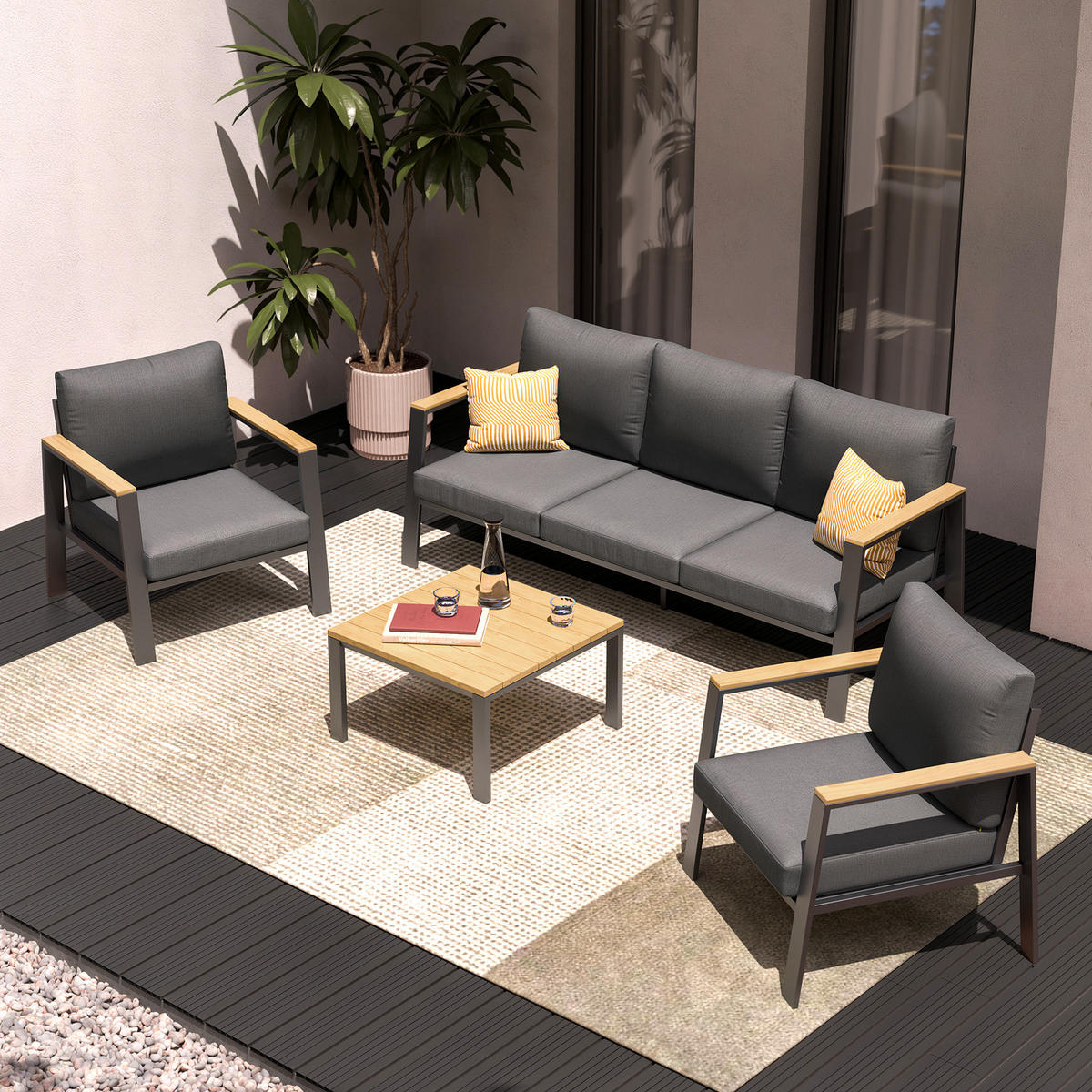 LOUNGESET - 4-teilig - Eukalyptus massiv / Polyester - Braun / Anthrazit - Braun/Grau, Holz/Textil - home24