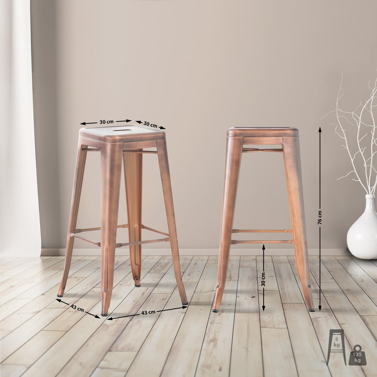 BARHOCKER Joshua 2er Set 43x43x76 cm kupfer - Kupferfarben, Metall (43/76/43cm) - furnicato