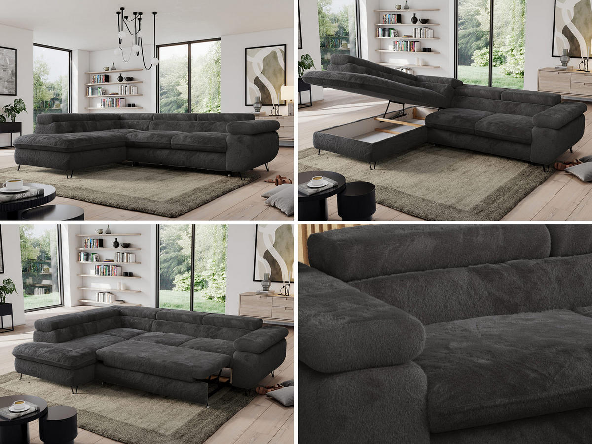 ECKSOFA PEDRO L Anthrazit Plüsch - Links Seite - Anthrazit/Schwarz, Textil/Metall (208/273cm) - MKS
