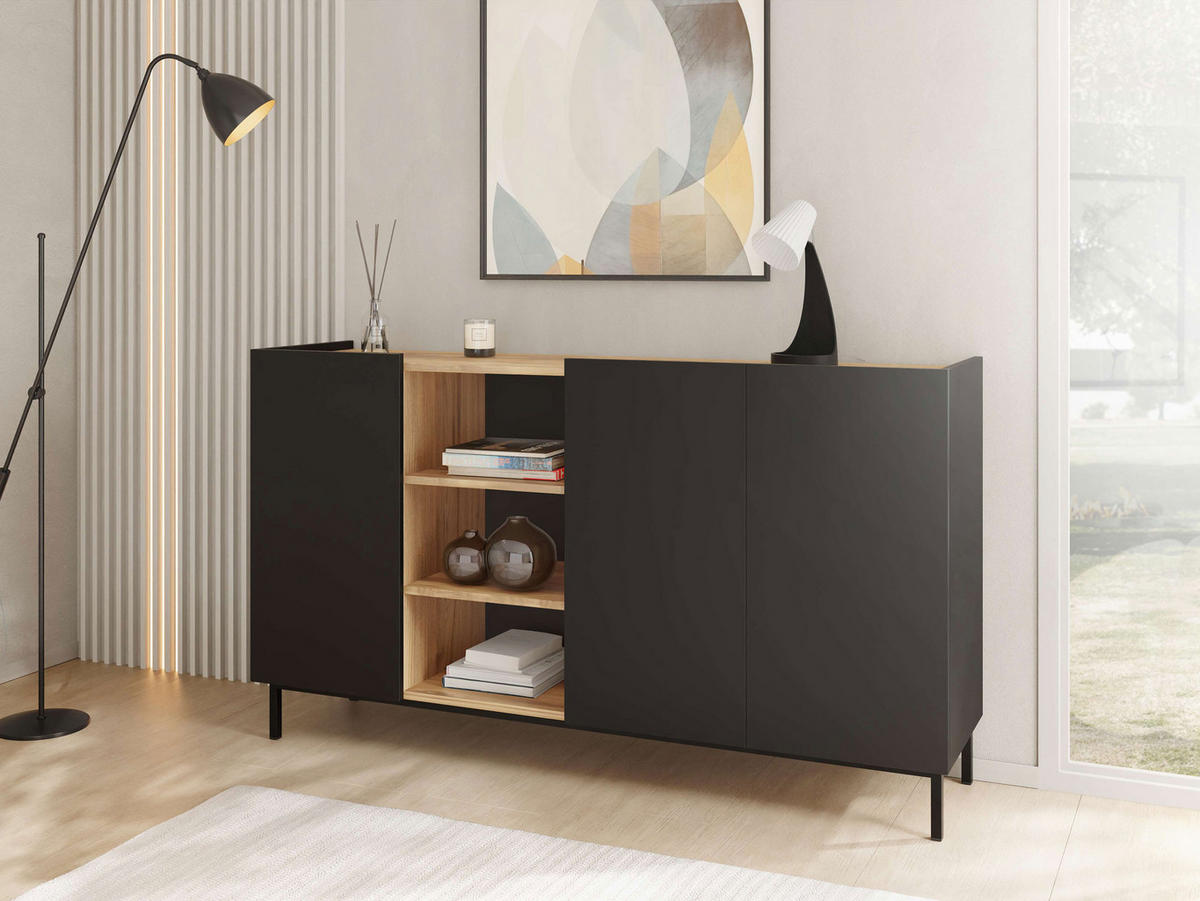 SIDEBOARD System 77 - Schwarz, Holzwerkstoff/Metall (153/85/44cm) - MIRJAN24