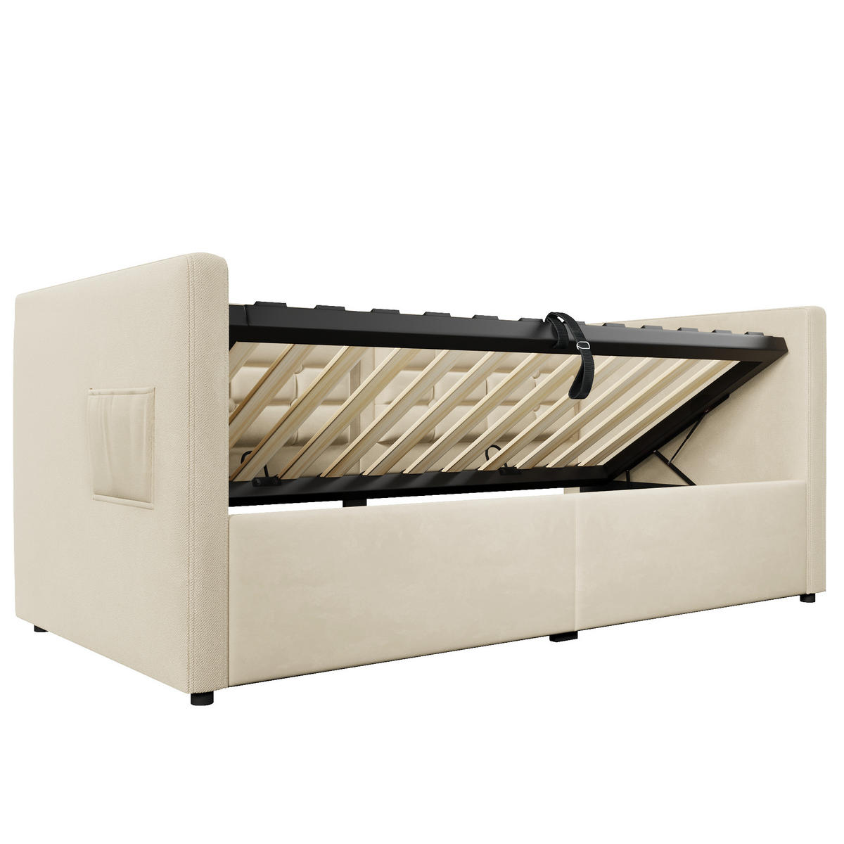 BETT 90/200 cm Beige mit hydraulischem Stauraum und USB- und Type-C-Anschlüssen - Beige, Textil (90/200cm) - OKWISH