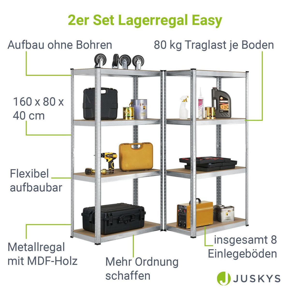LAGERREGAL Easy verzinkt 160x80x40 cm (2er-Set) - Silberfarben, Metall (80/160/40cm) - Juskys