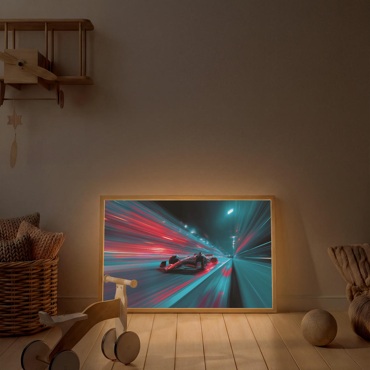 DOBÍJECÍ NOČNÍ LAMPIČKA Závodní auto - Červená - Rychlost 100x70 cm - tyrkysová, kompozitní dřevo (8/100/70cm) - OnlyWow